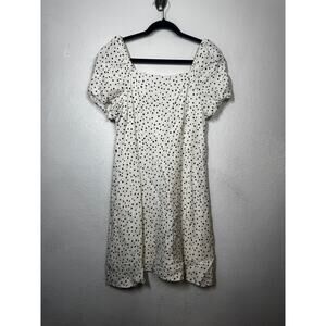 Loft Linen Dress White Black Square Neck Polka Dot Tie Back Zip Puff Sleeve Sz 8